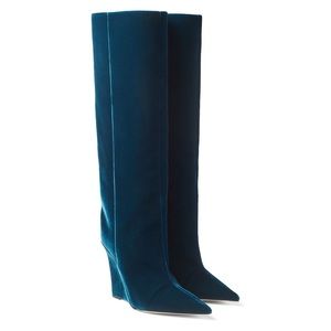 Authentic Jimmy Choo Blake 110mm Dragonfly Blue Velvet Knee-High Wedge Boots 40